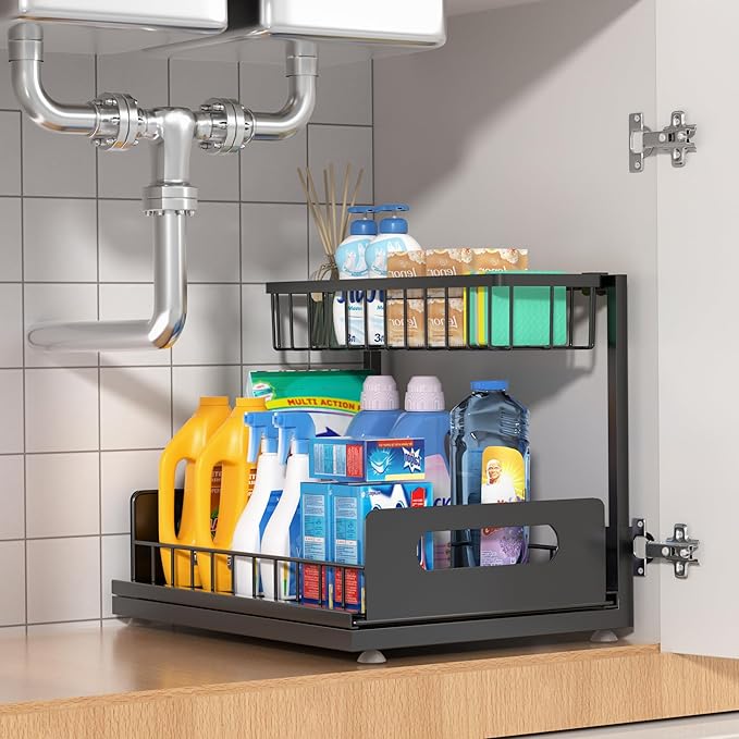 Under Sink Organizer, 2 Tier Pull Out Cabinet Organizer,Slide out Metal Cabinet Organizers Multi-Purpose Drawer Shelf for Kitchen Bathroom Pantry Cabinet Closet Organization Rack,Black