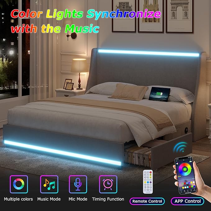 VECELO Full Size Bed Frame with Storage Drawers, Upholstered Platform Bedframe with Wingback Headboard, No Box Spring Needed, Classic Grey