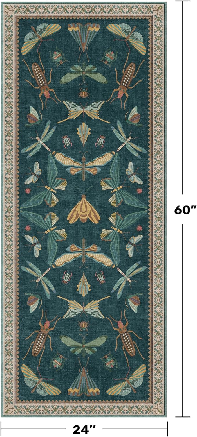 Brown and Green Kitchen Sink Runner Rug 2x5 - Teal Boho Bathroom Rugs for Entrance Indoor, Insect Print Floral Vintage Unique, Washable Non Skid Stain Resistant