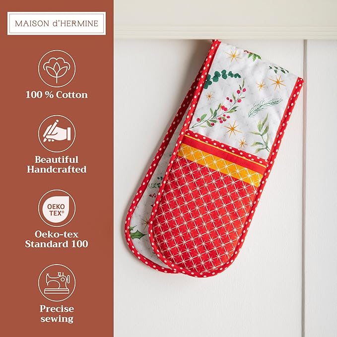 Maison d' Hermine Double Oven Mitt (7" x 35") 100% Cotton Heat Resistant BBQ Cooking Gloves with Loop for Thanksgiving Christmas Decorations Baking Cooking Handling Hot Pan (Poinsettia Christmas)
