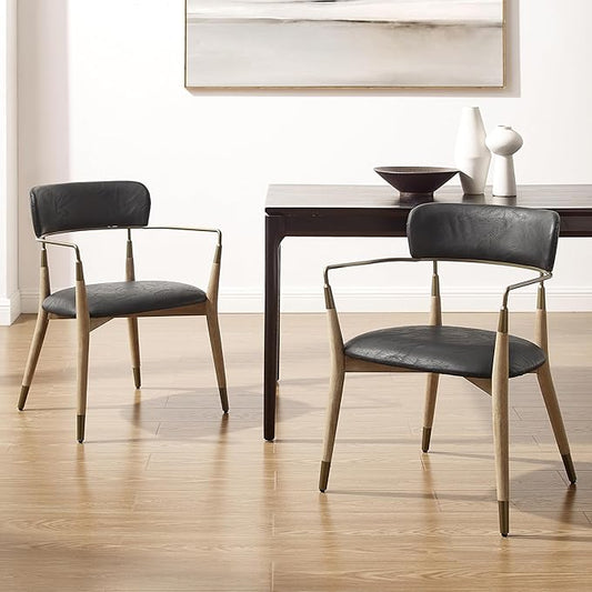 Art Leon Dining Chairs Set of 2 - Mid Century Modern Dining Room Chairs, Faux Leather Upholstered Accent Chair with Open Backrest, Wishbone Chair with Wood Legs, Black