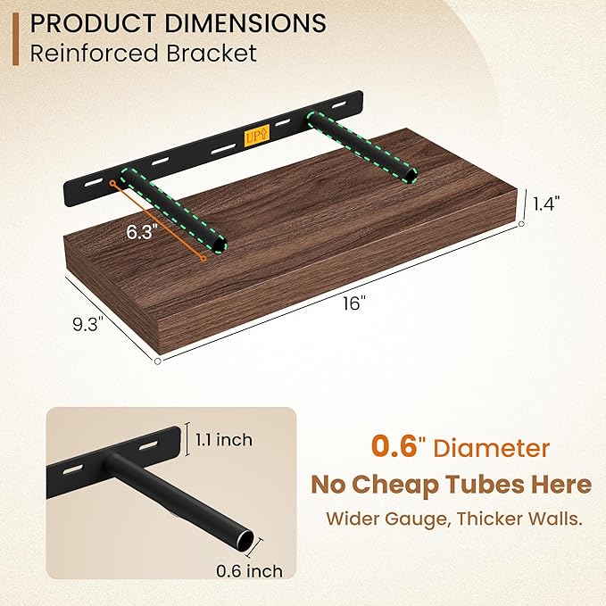 Fun Memories 16 Inch Floating Shelves for Wall, 9.3Inch Deep Floating Shelf, Extra Deeper & Thicker Wall Mounted Storage Shelf for Kitchen, Farmhouse, Walnut, 2 Pack