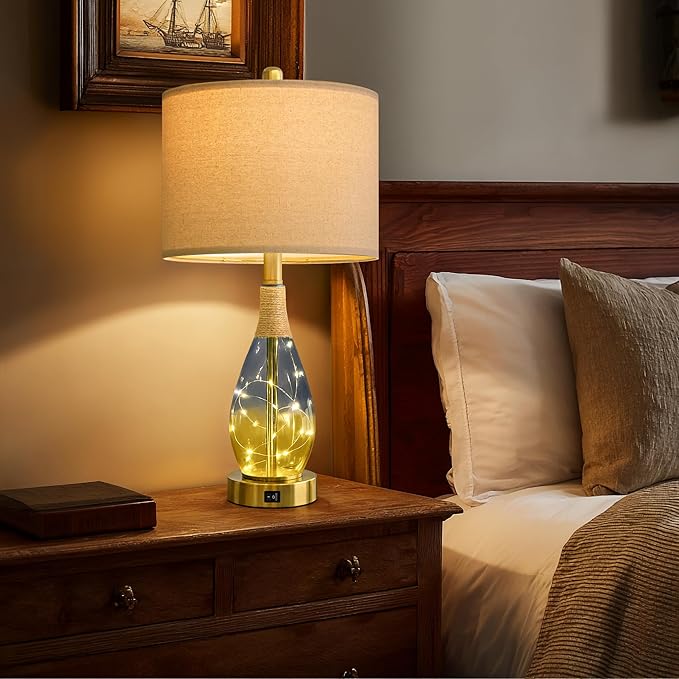 OYEARS 23" Table Lamps for Living Room Set of 2,Bedside Lamps for Night Stands, Rattan Lamps for Bedroom,Farmhouse Lamps with Glass Nightlight,Two Light Points