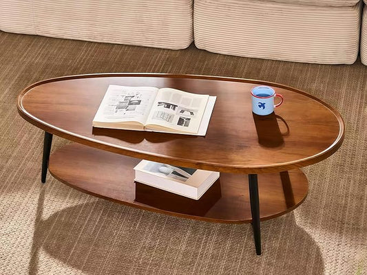 Shrine Oval Coffee Table, Mid-Century Modern Coffee Table, Brown Walnut Wood Table for Living Room, D47''x W23.6''x H15'', Sleek Conical Metal Legs with Black Finish