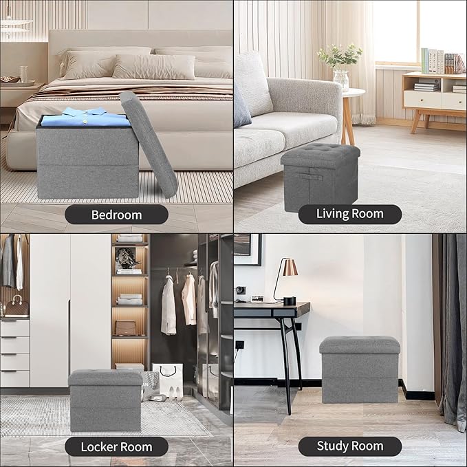 Storage Ottoman. Foot Rest Stool with Thicker Foam Padded Seat. Linen Footstool Storage Bench, 350 lbs Folding Bench Small Ottoman for Living Room, Bedroom, Coffee Table. 17x13x13in, Dark Gray