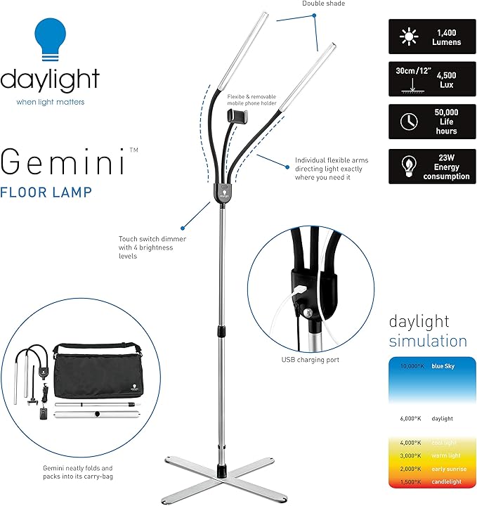 Daylight Company Gemini Floor Lamp, 2 Strobe Lamp, 4 Brightness Levels, Social Media, Nails, Salon, Beauty, Office and Much More - 4,500 LUX - 1,400 Lumen, Silver