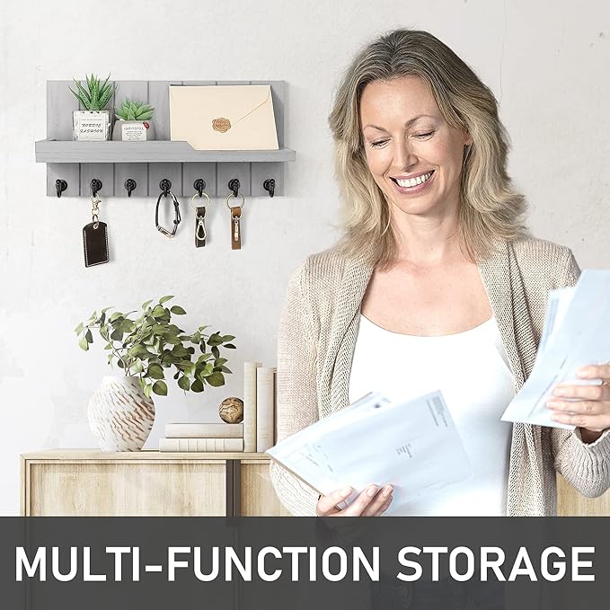 Rebee Vision Decorative Key and Mail Holder for Wall - Farmhouse 15 Inches Floating Shelf with 7 Sturdy Key Hooks for Home Entryway Wall Decor - Rustic Key Racks (Gray)
