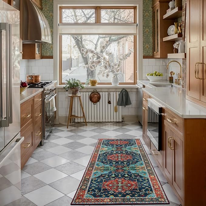 WILLSUN Washable Area Rugs, 2x6 Non-Slip Boho Area Rugs for Kitchen, Living Room, Bedroom, Machine Washable Vintage Rug, Indoor Floral Print Carpet for Home Decor, Kid & Pet Friendly Mat