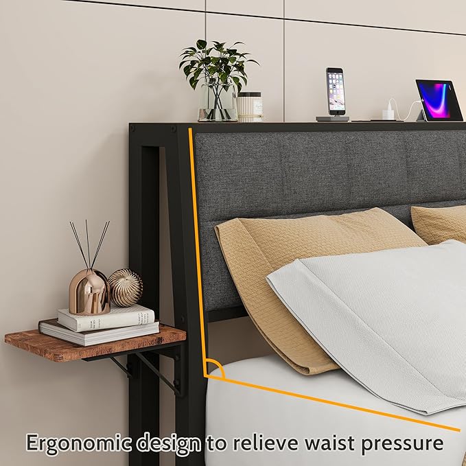 Queen Metal Bed Frame with Ergonomic Upholstered Headboard and Charging Station, Platform Bed Frame with Storage Shelves, Heavy Duty Metal Slats, No Box Spring Needed, Brown+Grey