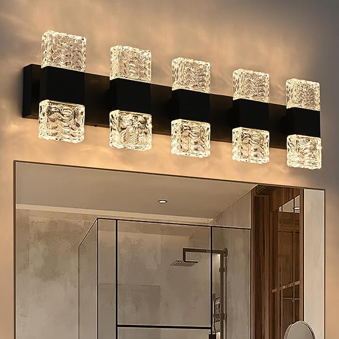 MELUCEE 30.3 in LED Bathroom Lighting Fixtures Over Mirror LED Vanity Light Black Modern Bathroom Light Bar 40W Crystal Wall Light Fixtures, 3000K Warm Lighting, Built-in Led Chips
