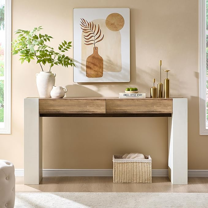 OKD Modern Entryway Console Table, Sofa Table with Drawers, 63" Long Hall Table Behind Couch, Thick Wood Design for Living Room, Hallway - Antique White