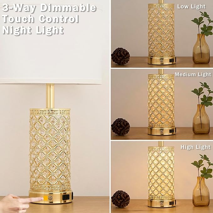 Crystal Table Lamp Set of 2-24in Gold Bedroom Lamps 3-Way Dimmable Touch Lamp with Night Light, 2 USB Ports + AC Outlet Bedside Night Stand Lamp for Living Room (Gold-2 Pack 24In)