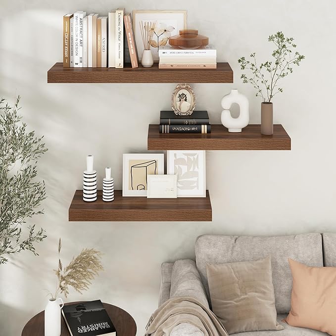 Floating Shelves for Wall, 30" W x 12" D x 2" H, 2 Pack of Long Wall Mounted Engineered Wood Shelves with Invisible Brackets for Living Room, Bedroom, Bathroom, Kitchen Decor, Walnut