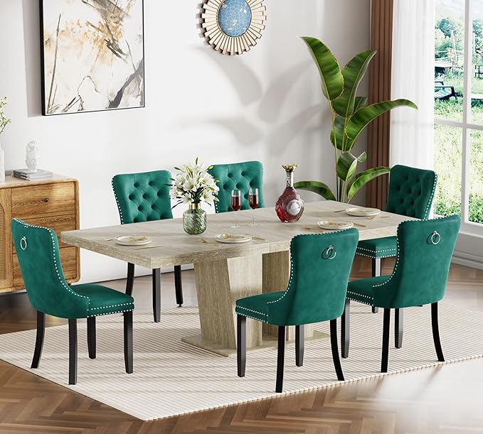Goujxcy 7-Piece Extendable Dining Table Set for 6, 63-78 Inch Faux Travetine Kitchen Table Set with 6 Green Upholstered Chairs Modern Wood Expandable Dining Room Table Set for Kitchen Apartment
