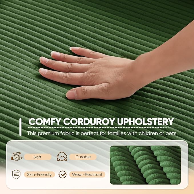 Antetek Convertible Sofa Bed, Comfy Corduroy Fluffy Love seat Sleeper Sofa, 5 in 1 Folding Couch Bed, Fold Out Floor Couch with Pillows for Bedroom, Living Room, Office, Pinstripe, Green