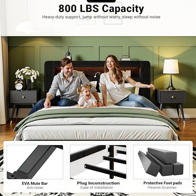 King Bed Frame with Headboard, Wooden Platform Bed Frame King Size with Bookcase Shelf, LED Lights, Charging Station, Heavy Duty Supports, No Box Spring Needed,Dark Black