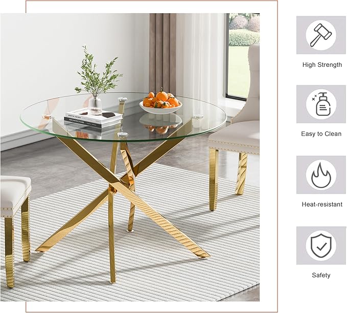 Goujxcy 3 Pieces Round Dining Table Set for 2, Modern Gold Glass Kitchen Table and Chairs for 2 with Upholstered Chairs, Circle Coffee Dining Table Set for Small Space,Apartment,Office