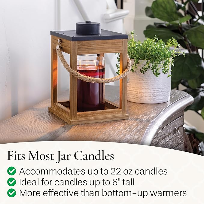 Candle Warmers Etc. Wood & Rope Candle Warmer Lantern – for Top-Down Warming & Flame-Free Fragrance