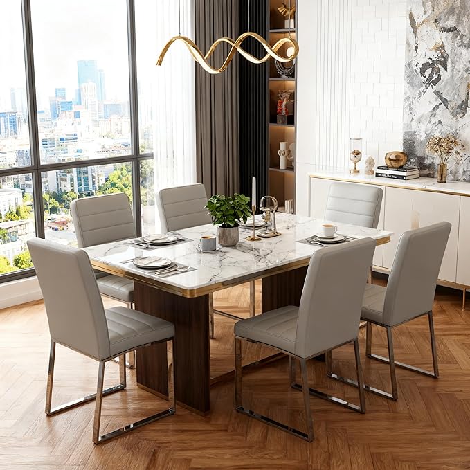Modern Dining Chairs Set of 4, White Faux Leather Kitchen Chairs, Upholstered Armless Dining Room Chair with Gold Mental Legs Heavy Duty, Comfortable (Grey Chiars, Set of 4)