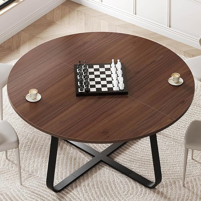 LVB Round Dining Table, Modern Wood Metal Kitchen Tables, Industrial Small Dinner Room Table for 4 to 6 People, Circle Coffee Dining Room Tables for Home Kitchen Living Room, Walnut, 51 Inch