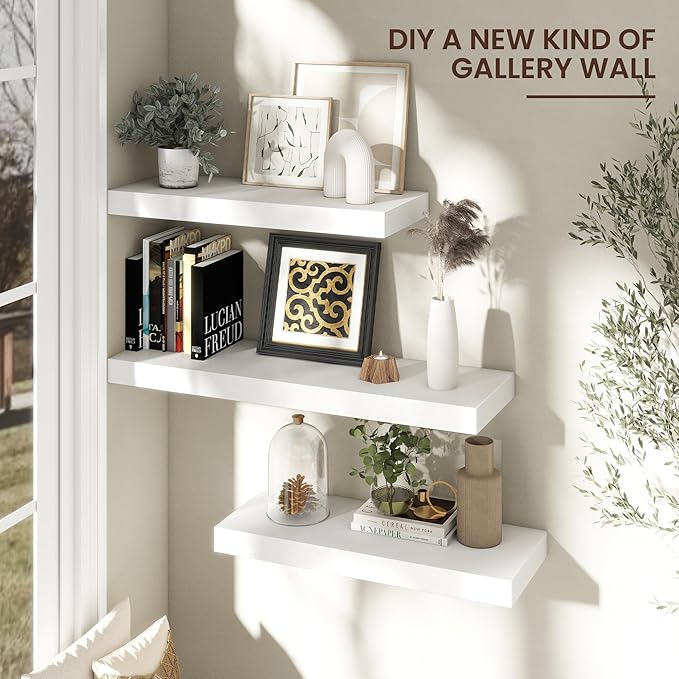 Floating Shelves for Wall, 30" W x 12" D x 2" H, 2 Pack of Long Wall Mounted Engineered Wood Shelves with Invisible Brackets for Living Room, Bedroom, Bathroom, Kitchen Decor, White