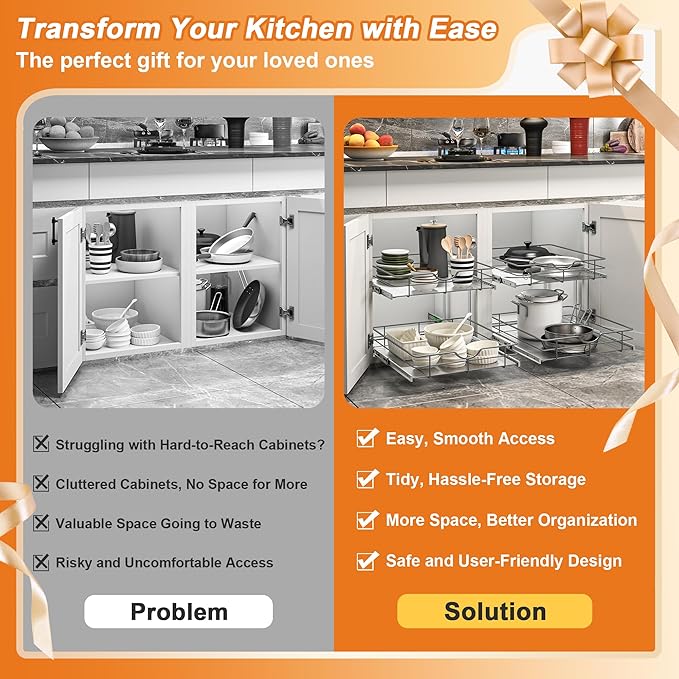 ALINE FURNITURE 2-Tier Pull Out Cabinet Organizer - 11" W x 22" D Soft Close Sliding Shelves with Shelf Liners - Pullout Drawers for Kitchen Cabinets, Pantry, Bathroom, Heavy Duty Steel Wire Baskets