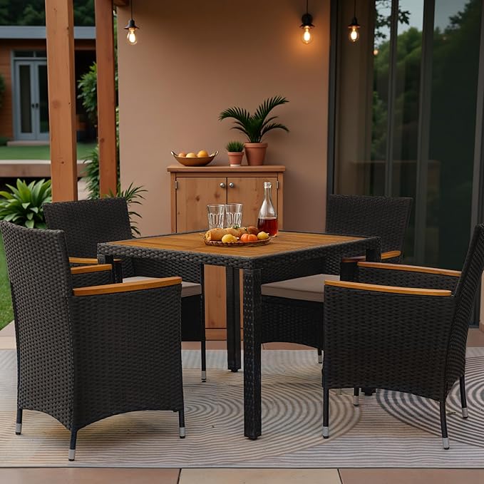 Greesum 5 Pieces Outdoor Patio Dining Set, Conversation Sets with 1 Table and 4 Rattan Chairs with Curved Acacia Wooden Armrests and Cushions, Black