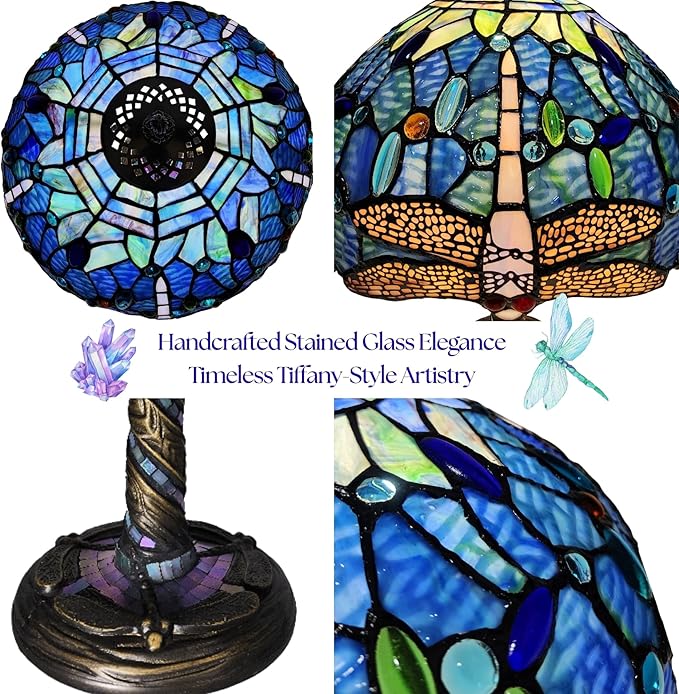 Tiffany-Style Table Lamp, 12" Blue Dragonfly Handmade Stained Glass Lamp Shade, Vintage Reading Light for Bedroom Living Room, LED Bulb Included
