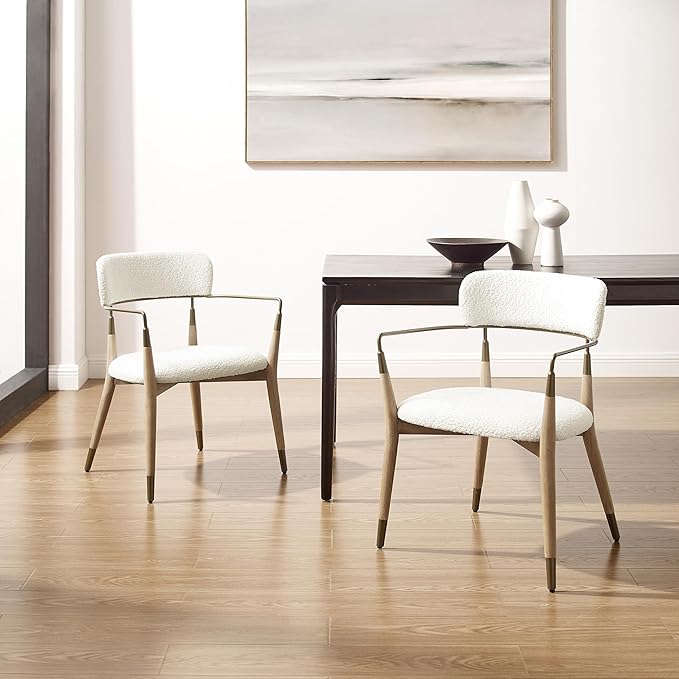 Art Leon Wishbone Dining Chairs - Mid Century Modern Dining Room Chairs, Boucle Fabric Upholstered Accent Chairs with Wood Legs, Arm Chair with Open Backrest, Set of 4, White