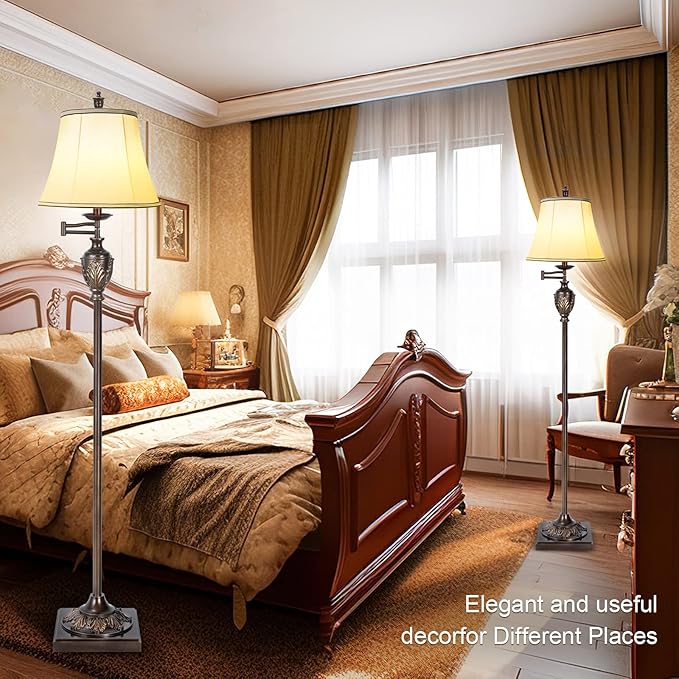 Traditional LED Floor Lamp with 350° Adjustable Swing Arm Lamp – Vintage Standing Pole lamp for Living Room, Bedroom and Office – Rustic Upright Floor Light for Home Décor with Faux Silk Fabric Shade