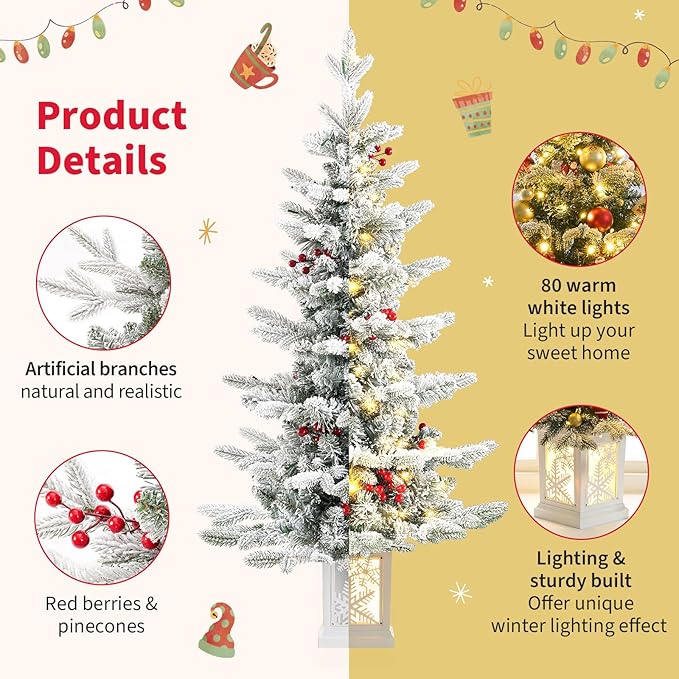 Small Pre-Lit Christmas Tree with LED Lights - 3.5FT Snow Flocked Ariticifial Tree with Snowflake Base, Battery Operated & Auto Timer for Home Office Xmas Decor