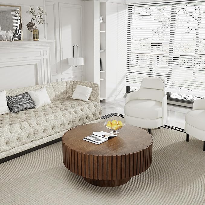 Round Coffee Table for Living Room, 31.5'' Modern Handcraft Drum Coffee Table Unique Fluted Coffee Tables Wood Center Table End Table for Small Space, Farmhouse Apartment Office (Round Brown)