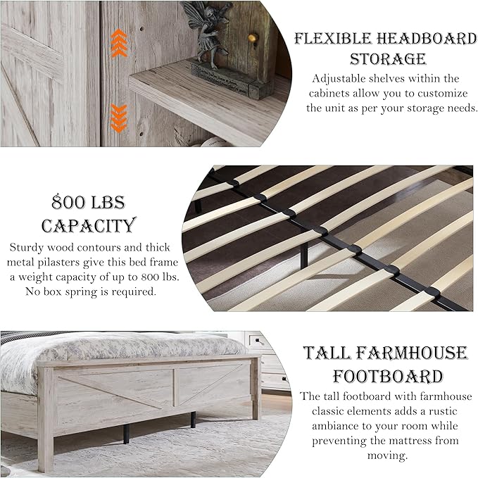 RedLemon Farmhouse King Size Bed Frame with Bookcase Headboard, Sliding Barn Door, Storage Cabinet, Charging Station, Wood Slats Support, No Box Spring Needed, Antique Brush White