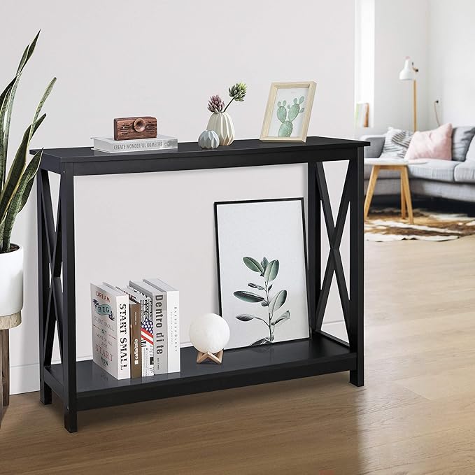 SUPER DEAL Console Table 39.5”, 2-Tier Narrow Sofa Side Table with Storage Shelf, Entrance Table for Hallway/Foyer/Living Room/Corridor/Office, Black