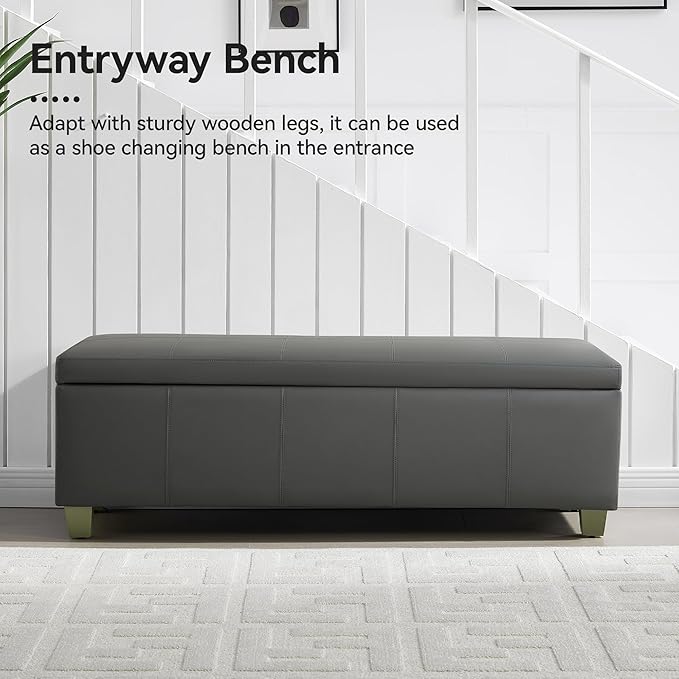 51" Faux Leather Storage Ottoman, Stitch Tufted Rectangle Upholstered End of Bed Storage Bench, Entryway Large Couch Ottoman with Wooden Legs,Dark Grey