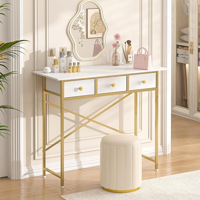 Small Makeup Vanity Desk No Mirror, 37.2 Inch Vanity Desk with 3 Drawers, Girls Vanity Dressing Table for Bedroom, Small Vanity for Small Spaces, White and Gold