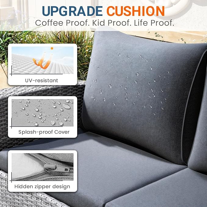 Wisteria Lane 4 Piece Patio Furniture Set, Wicker Outdoor Patio Conversation Furniture Set, All Weather Outdoor Patio Sofa with Cushion and Glass Table, Dark Grey