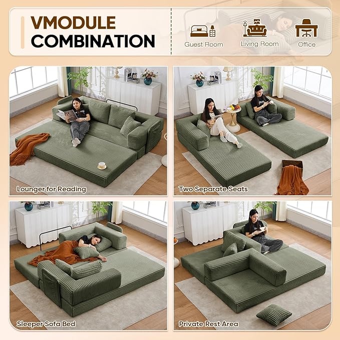 Antetek Convertible Sofa Bed, Comfy Corduroy Fluffy Love seat Sleeper Sofa, 5 in 1 Folding Couch Bed, Fold Out Floor Couch with Pillows for Bedroom, Living Room, Office, Wide Stripes, Green