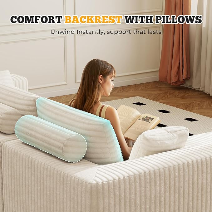 113" Modular Sectional Sofa, Convertible L-Shaped Cloud Couches for Living Room with Ottoman, 4 Seater Corduroy Boneless Couch Sofa Set, No Assembly Required, Beige 1 PCS