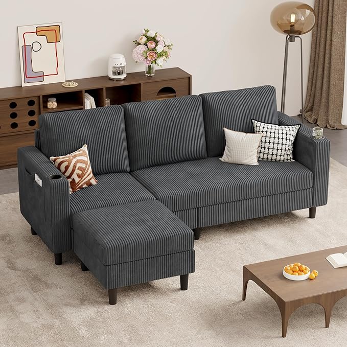 Upholstered Sectional Sofa and Couches, 78'' L Shaped 3-seat Sofa for Living Room, Apartment, Lounge,Bedroom-Washable Covers Convertible Sofas(Corduroy, Dark Gary)