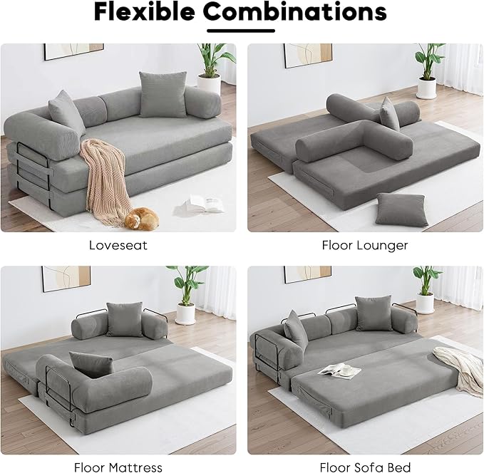 Convertible Sleeper Sofa Bed with Cylindrical Pillow, Corduroy Folding Mattress Couch with Fixed-Shape Frame, Floor Sofa Lounge Couch for Living Room Bedroom Lounge Studio-Grey