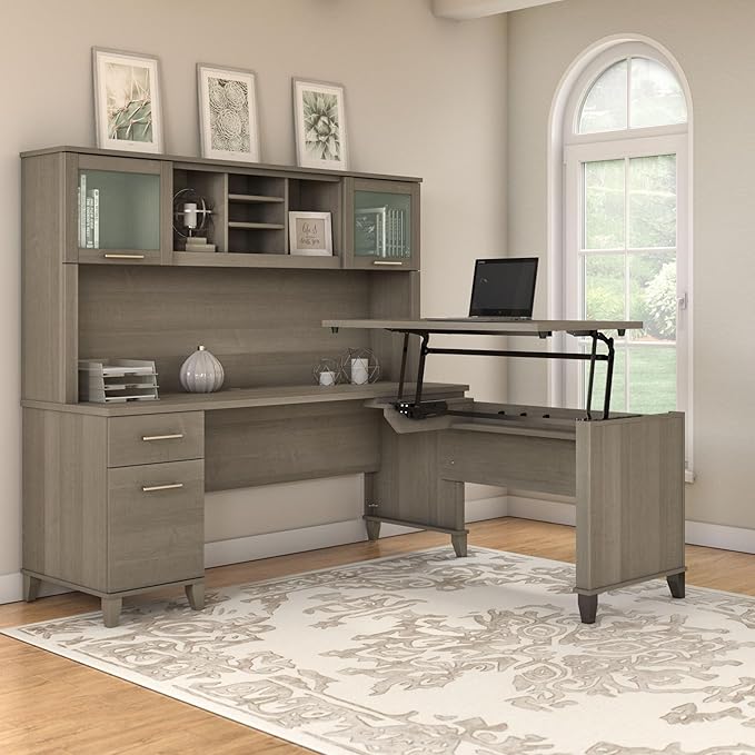 Bush Furniture Somerset 72W 3 Position Sit to Stand L Shaped Desk with Hutch in Ash Gray | Adjustable Height Table for Home Office