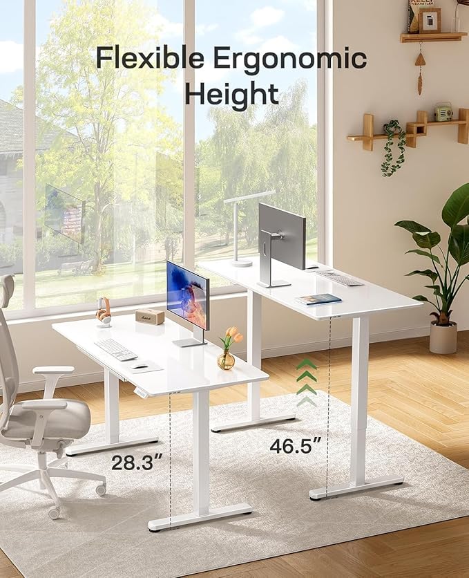 Marsail Glass Electric Standing Desk with Drawer, 40 x 24 Inches Height-Adjustable Desk, One-Piece Tempered Glass Top, Ergonomic Home Office Sit Stand Desk with 4 Preset Heights, White