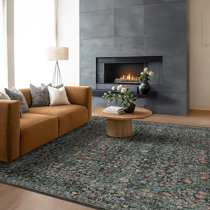 Dining Room Rugs for Under Table - 6x9 Washable Dark Green Oriental Area Rug for Living Room, Low Pile Non-Slip Floor Carpet for Bedroom - Vintage Design & Stain Resistance (6x9 Dark Green)