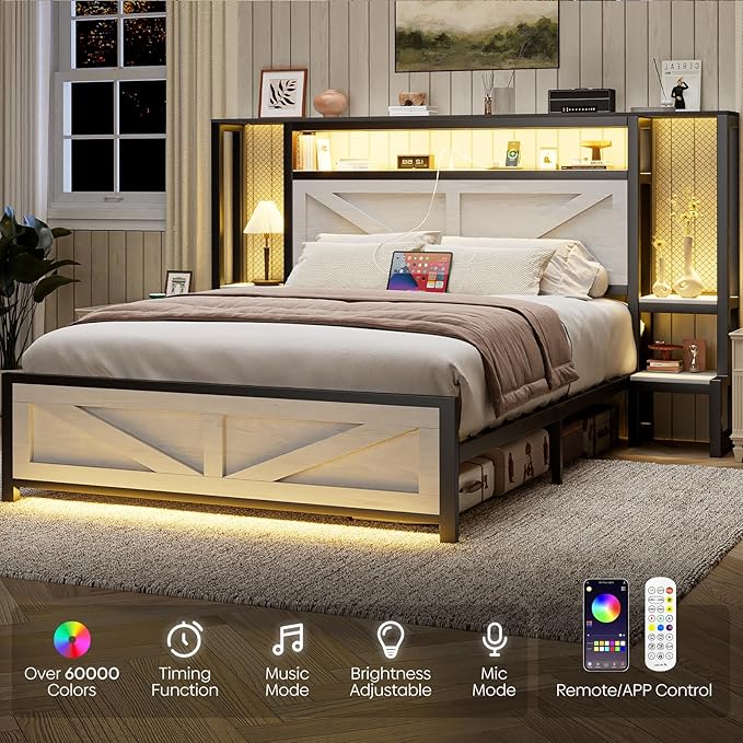 Full Size Rustic Bed Frame with Storage Born Door Headboard and Bedside Storage, Industrial Farmhouse Metal Platform Bed Frame with Charging Station and LED Lights, White