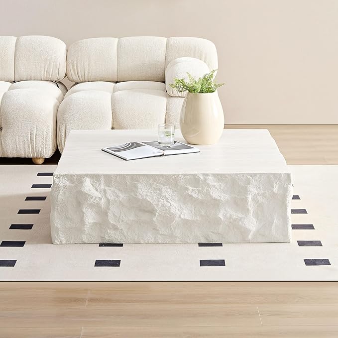 Square Coffee Table, 35.43" Imitation Stone Coffee Table Fiberglass Side Accent End Unique Center Table for Living Room Bedroom Apartment Office, Beige