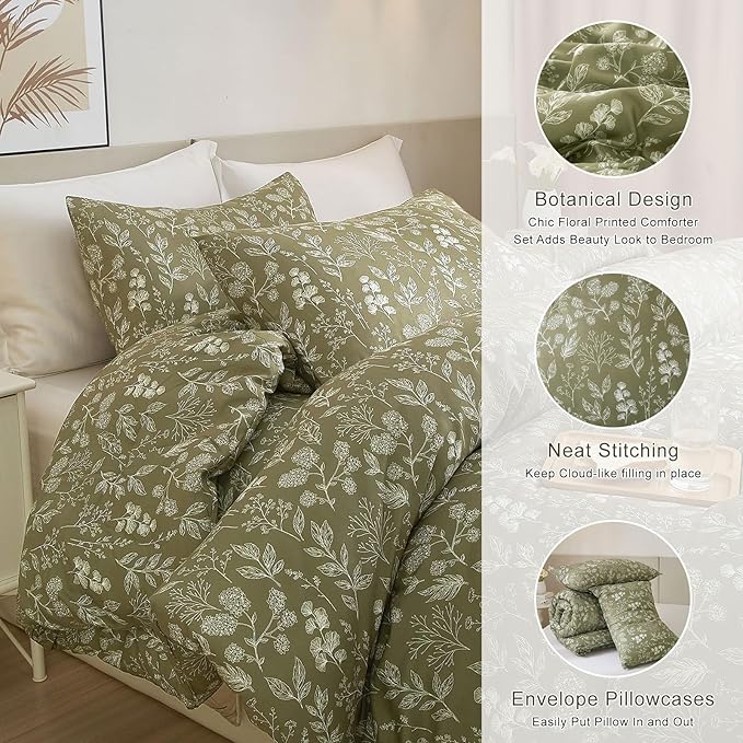 EAVD Fresh Botanical Floral Comforter Set King Dark Olive Green Soft Microfiber Chic Cute Garden Floral Bedding Comforter Set 1 King Comforter and 2 Pillowcases Botanical Comforter for All-Season