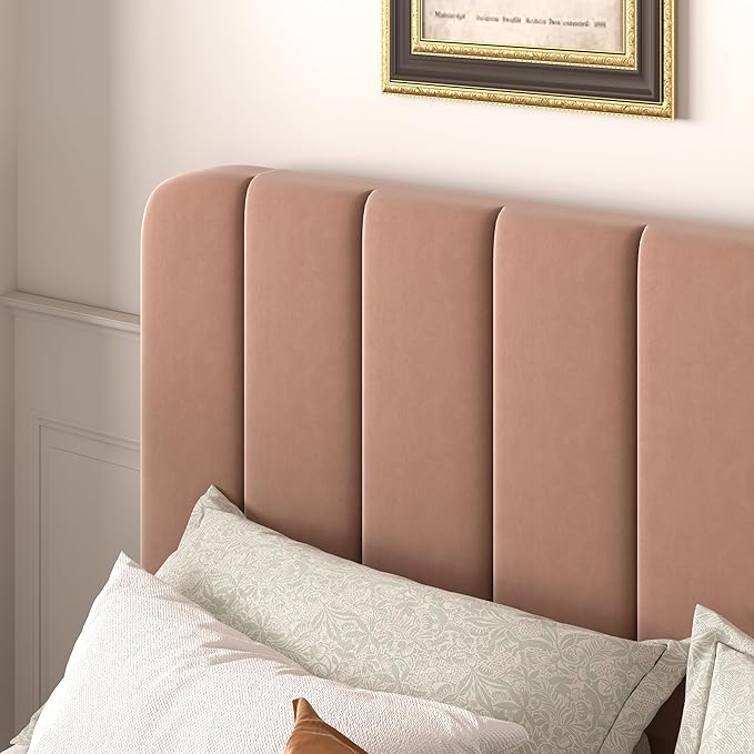 VECELO Queen Size Bed Frame with Upholstered Headboard, Velvet Platform Bedframe Mattress Foundation, Strong Wood Slat Support, No Box Spring Needed,Tan Brown