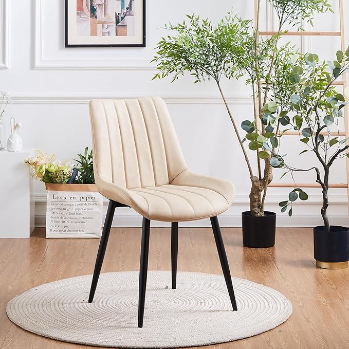 Dining Chairs Set of 2, Faux Leather Modern Linear Design Dining Chair with Metal Legs, 16.9" Seat Width Chair for Kitchen, Lounge, Reception Room, Restaurant, Commercial (Beige)