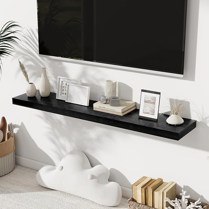 Fun Memories 48 Inch Floating Shelves for Wall 8 Inch Deep Black Shelves Set of 2, Wall Mounted Rustic Wood Long Floating Shelf, Large Display & Storage Shelf with Invisible Brackets